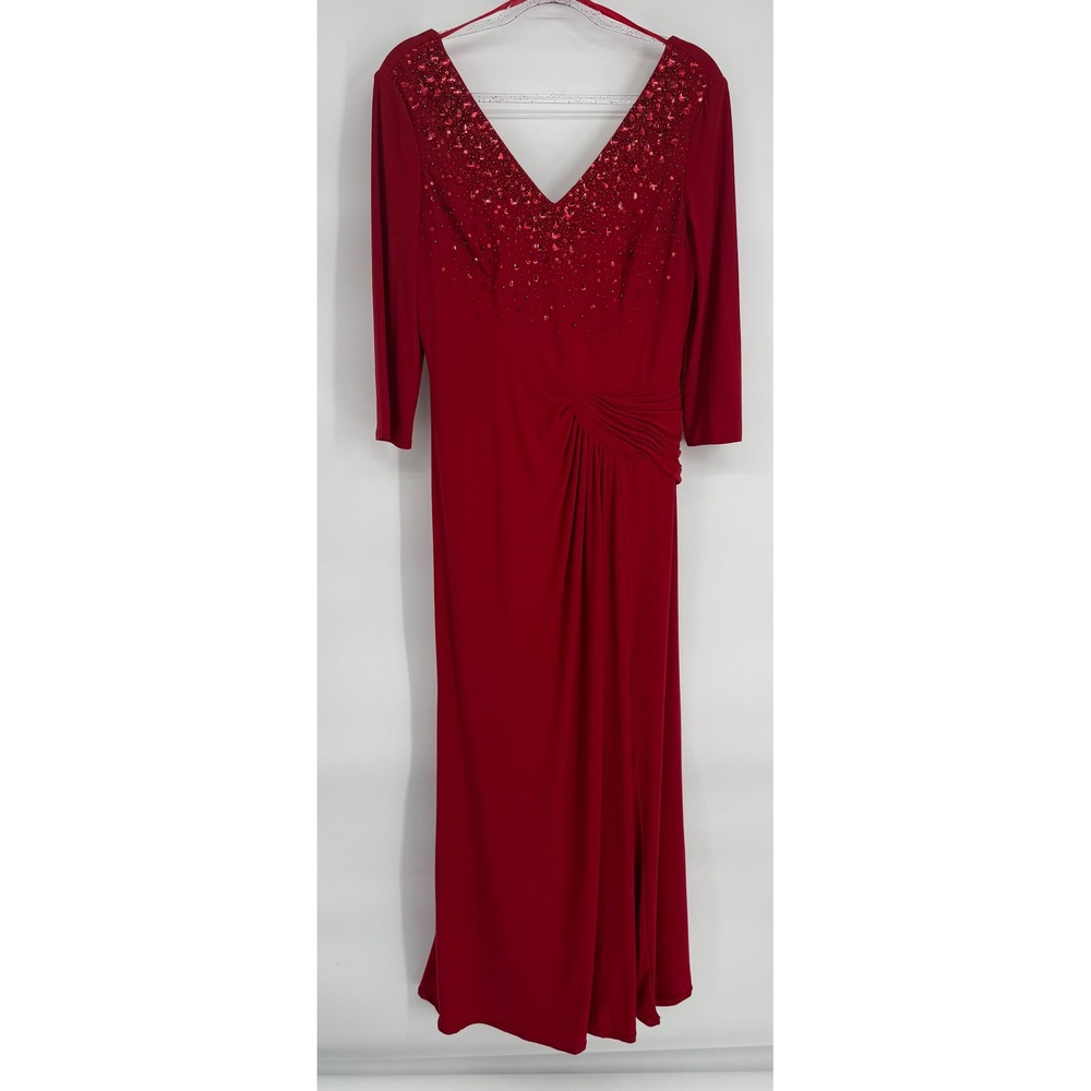 Marina Red Sequin V-Neck 3/4 Sleeve Ruched Evening Gown Dress Womens‎ Sz 10